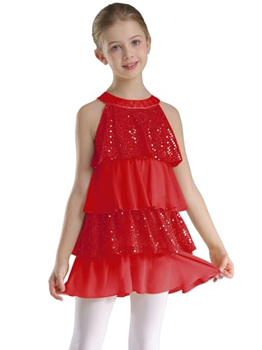 Miaeowve Standard Latein Tanzkleid Mädchen Pailletten Glitzer Jazz Modern Dance Kostüm Ärmellos Salsa Kleid Gestuft Trainingskleid Dancewear Rot 170 von Miaeowve