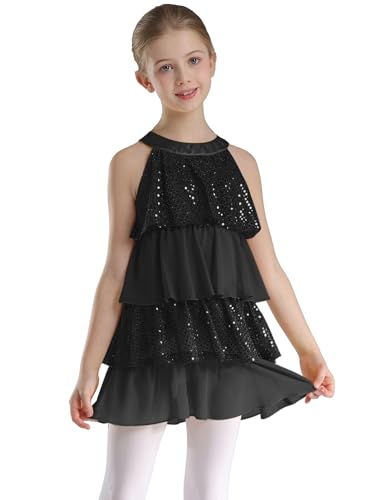 Miaeowve Standard Latein Tanzkleid Mädchen Pailletten Glitzer Jazz Modern Dance Kostüm Ärmellos Salsa Kleid Gestuft Trainingskleid Dancewear Schwarz 170 von Miaeowve