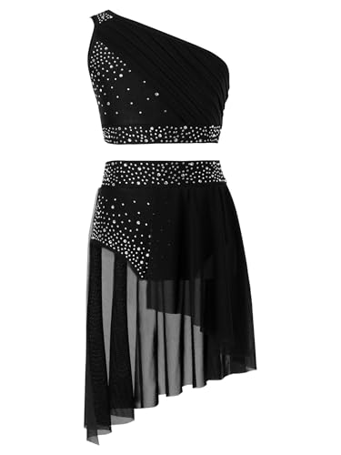 Miaeowve Tanzkleid Latein Turnier Kinder Mädchen Modern Dance Outfit EIN Schulter Tanz Shirt Bauchfrei Oberteil Strass Glitzer Tanzrock Ballettrock Tanzkostüm Schwarz 146-152 von Miaeowve