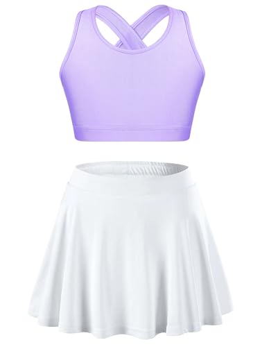 Miaeowve Tennis Outfit Kinder Mädchen Set Crossover Sport BH Ärmellos Tanz Top Mit High Waist Tennisrock A Linien Sport Rock Falten Sommer Sportswear Lavendel und Weiß 146-152 von Miaeowve