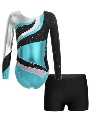 Miaeowve Turnanzug Mädchen Mit Shorts Kinder Langarm Balletttrikot Strass Glitzer Body Metallic Patchwork Leotard Mit Stretch Tanz Shorts 2tlg Dancewear blauer See 146-152 von Miaeowve