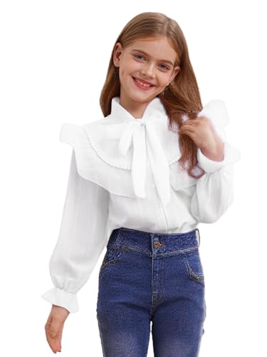 Miaeowve Volant Bluse Mit Rüschen Kinder Mädchen Langarm Crop Top Button Down Shirt Mit Schleife Chiffon Für 3-16 Jahre Weiß 134-140 von Miaeowve