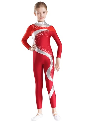 Miaeowve Voltigieranzug Ganzkörper Kinder Mädchen Langarm Gymnastikanzug Strass Glitzer Ballettbody Metallic Patchwork Tanztrikot Wettbewerb Tanzkleidung Rot&Burgund 158-164 von Miaeowve