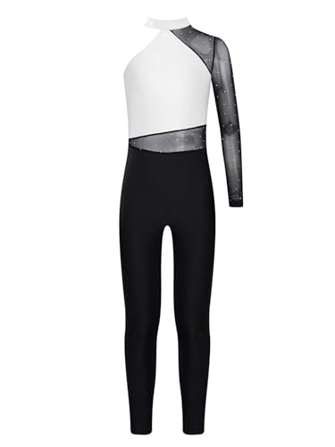 Miaeowve Voltigieranzug Mädchen Ganzkörper Kinder Ein Schulter Ballettanzug Strass Glitzer Body Mesh Patchwork Leotard Trikotanzug Dancewear Weiß 134-140 von Miaeowve