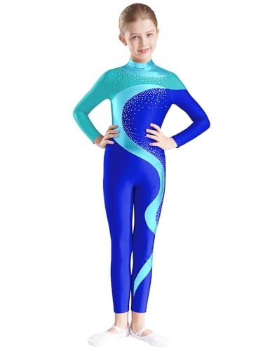 Miaeowve Voltigieranzug Ganzkörper Kinder Mädchen Langarm Gymnastikanzug Strass Glitzer Ballettbody Metallic Patchwork Tanztrikot Wettbewerb Tanzkleidung Blau, Grün und Blau 134-140 von Miaeowve
