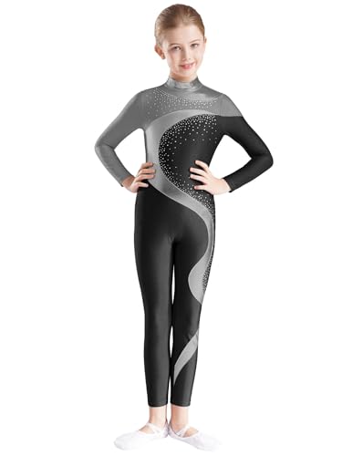 Miaeowve Voltigieranzug Ganzkörper Kinder Mädchen Langarm Gymnastikanzug Strass Glitzer Ballettbody Metallic Patchwork Tanztrikot Wettbewerb Tanzkleidung Grauschwarz 134-140 von Miaeowve