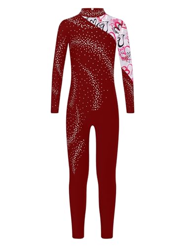 Miaeowve Voltigieranzug Mädchen Lang Kinder Langarm Strass Glitzer Tanzanzug Ganzkörper Ballettbody Stehkragen Turn Leotard Gymnastik Outfit Burgundy 122-128 von Miaeowve