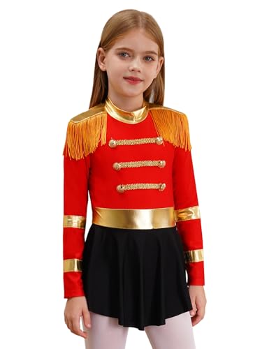 Miaeowve Zirkus Kleid Mädchen Akrobatik Anzug Mit Rock Kinder Metallic Patchwork Tanzkleid Fransen Quasten Trikot Cut Out Overall Glitzer Tanzkostüm Rot 170 von Miaeowve