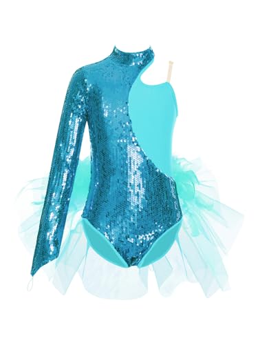 Miaeowve Kinder Turnanzug Mädchen Langarm Ballettanzug Pailletten Glitzer Tanzbody Mesh Tüll Patchwork Trikot Wettbewerb Performance Bekleidung Blau Grün 122-128 von Miaeowve