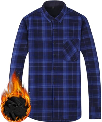 Herren Dickes Kariertes Hemd Kariertes Freizeithemd Langarm Button Down Kariertes Gefüttert Hemdjacke Mit Tasche (Blau,XL) von Miaikvs