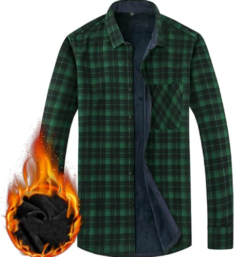 Herren Dickes Kariertes Hemd Kariertes Freizeithemd Langarm Button Down Kariertes Gefüttert Hemdjacke Mit Tasche (Grün,M) von Miaikvs
