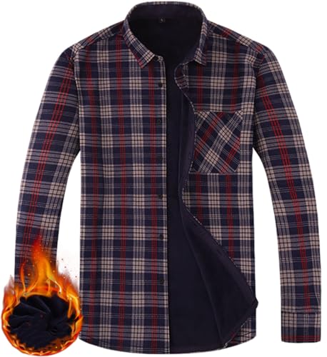 Herren Dickes Kariertes Hemd Kariertes Freizeithemd Langarm Button Down Kariertes Gefüttert Hemdjacke Mit Tasche (Marine,3XL) von Miaikvs