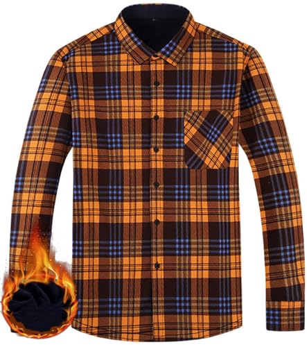 Herren Dickes Kariertes Hemd Kariertes Freizeithemd Langarm Button Down Kariertes Gefüttert Hemdjacke Mit Tasche (Orange,S) von Miaikvs