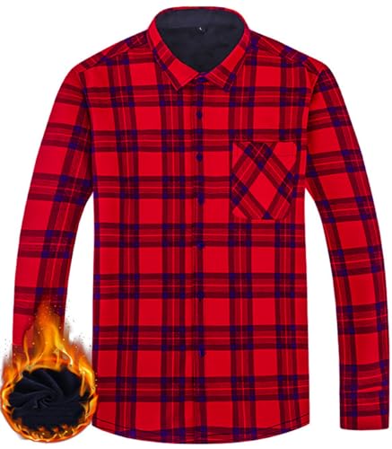 Herren Dickes Kariertes Hemd Kariertes Freizeithemd Langarm Button Down Kariertes Gefüttert Hemdjacke Mit Tasche (Rot,3XL) von Miaikvs