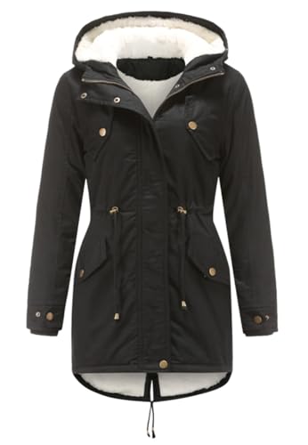 Miaikvs Damen Parka mit Kapuze Fleece gefüttert Winter gepolstert winddicht warm(Schwarz,3XL) von Miaikvs