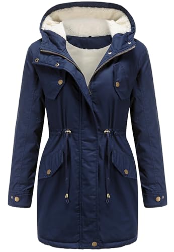 Miaikvs Damen Parka mit Kapuze Fleece gefüttert Winter gepolstert winddicht warm(navy,M) von Miaikvs