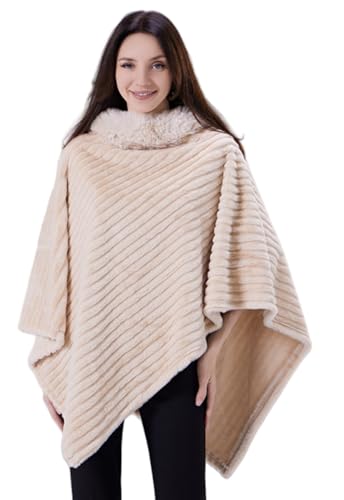 Miaikvs Damen Pullover Strickschal Cape Schal mit Pelzkragen Poncho Wrap Schal（beige） von Miaikvs