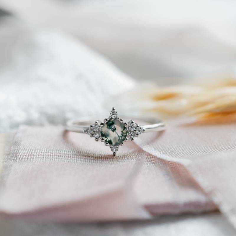 Cluster Moos Achat Diamant Ring, Einzigartiger Verlobungsring, Schmuck von MialisJewelryStore