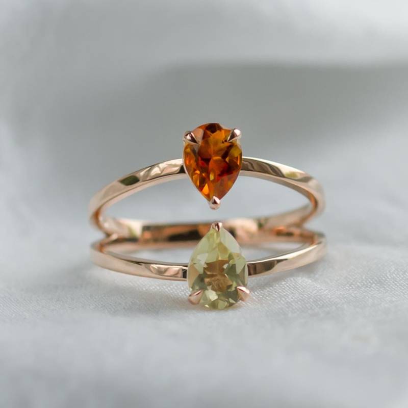 Toi Et Moi Citrin & Zitronenkristall Versprechensring, Birnenförmiger Gelber Und Orangefarbener Edelsteinring, Zwei-stein-Verlobungsring von MialisJewelryStore