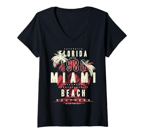 Damen Authentisches Florida Estd. 1986 Miami Summerparadise Beach T-Shirt mit V-Ausschnitt von Miami Beach Florida Souvenir Geschenke by DMTRY