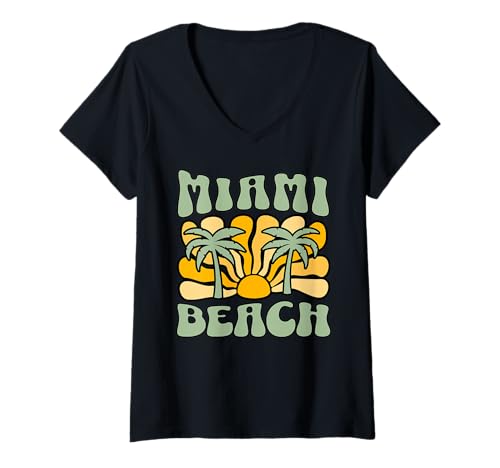 Damen Miami Beach T-Shirt mit V-Ausschnitt von Miami Beach Florida Surfing Surf Ocean Vintage USA