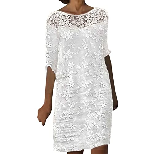 Boho Kleider für Frauen Sommer Kurzarm Spitze Rundhalsausschnitt weißes lässiges Minikleid Langes Strickkleid Damen von MianYaLi