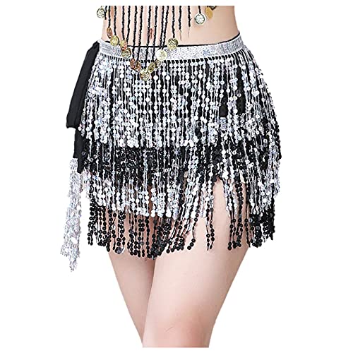 Damen Rock Hüftgurt Pailletten Quaste Rock Rave-Rock Bauchtanz Hüfttuch Kostüm Pailletten Quaste Hüftschal Festival Outfit für Damen und Mädchen (Black, One Size) von MianYaLi