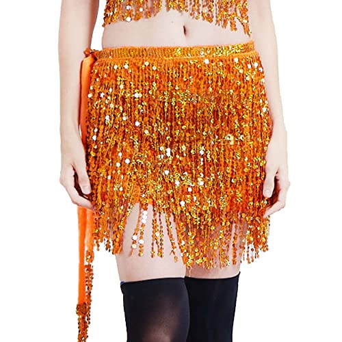 Damen Rock Pailletten Quasten Rock Rave Kostüm Fransenrock Bauchtanz, Quasten, Schal, funkelnd Pailletten Quaste Fransen Outfits Rock für Damen und Mädchen (Orange, One Size) von MianYaLi