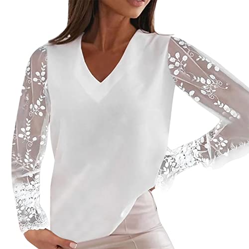 Elegantes Langarm-Top Hemd V-Ausschnitt für Frauen Spitze lässige lockere Hemd T-Shirt Top Glitzer Unterwäsche Sexy von MianYaLi