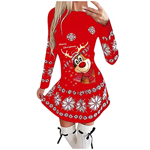 Weihnachtskleid, Große Größen A-Linie Weihnachten Jumperkleid mit Weihnachten Motiv für Herbst Winter (Rot 4, M) von MianYaLi