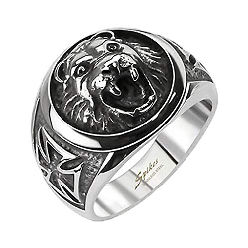 Herren Ring Edelstahl Massiv Breit Herrenring Männer Biker Rocker 3D Löwenkopf Cross Kreuz Löwe König Siegelring Silber Größe 64 (20.4) von Mianova