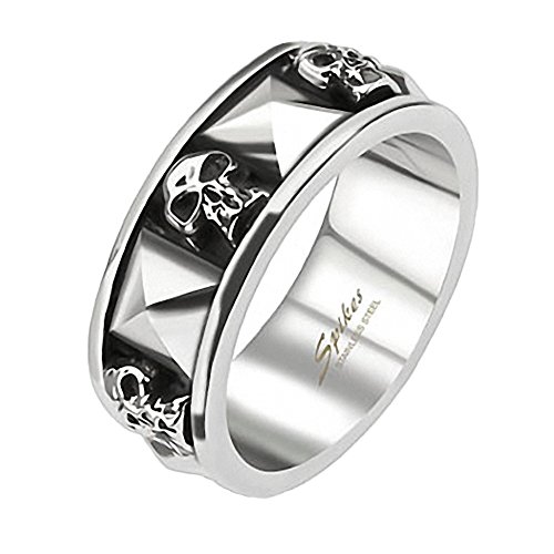 Mianova Herren Ring Edelstahl Massiv Breit Herrenring Männer Biker Rocker Schmuck 3D Totenkopf Nieten Silber Größe 62 (19.7) von Mianova