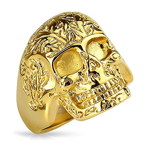 Mianova Herren Ring Edelstahl Massiv Breit Herrenring Männer Biker Rocker Schmuck Totenkopf Blumenmuster Gold IP Größe 67 (21.3) von Mianova