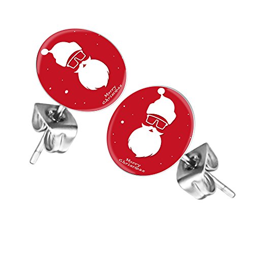 Mianova Ohrringe Stecker Rund Klein Ohrstecker Runde Platte Silber mit Winter Weihnachts Motiv Weihnachtsmann mit Mütze Schneeflocken Rot Weiß von Mianova