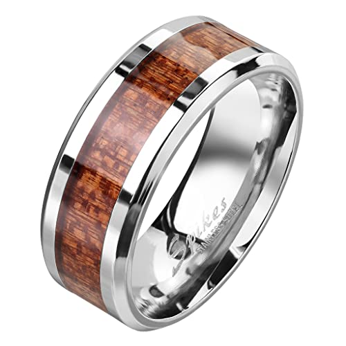 Mianova Band Ring Edelstahl Fingerring Holz Inlay Holzmaserung Herrenring Damenring Partnerring Ehering Damen Herren Größe 54 (17.2) | Silber von Mianova