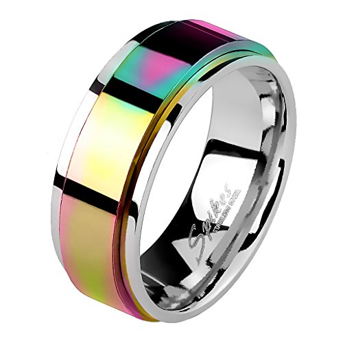 Mianova Band-Ring Edelstahl mit Spinning Herrenring Damenring Partnerring Trauring Damen Herren Silber Rainbow Größe 51 (16.2) Breit 6mm von Mianova