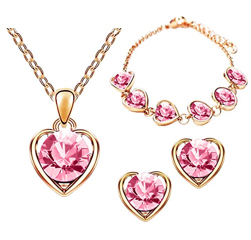 Mianova Damen 3 teiliges Set Rosegold IP in Herz Form mit runden Swarovski Elements Kristall - Ohrringe Armband und Kette Rose Pink von Mianova