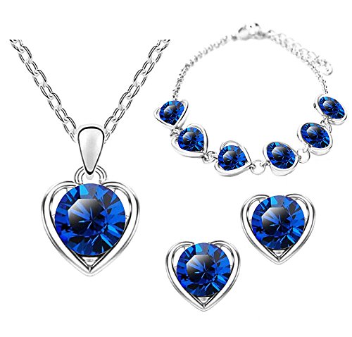 Mianova Damen 3 teiliges Set Silber in Herz Form mit runden Swarovski Elements Kristallen - Ohrringe Armband und Kette Blau von Mianova