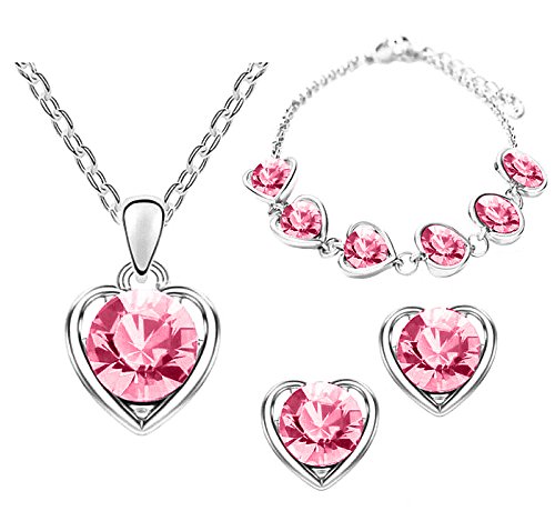 Mianova Damen 3 teiliges Set Silber in Herz Form mit runden Swarovski Elements Kristallen - Ohrringe Armband und Kette Pink von Mianova