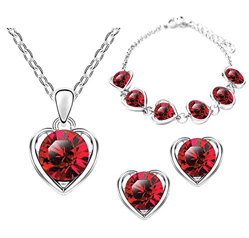 Mianova Damen 3 teiliges Set Silber in Herz Form mit runden Swarovski Elements Kristallen - Ohrringe Armband und Kette Rot von Mianova