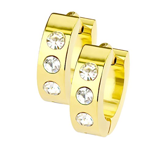 Mianova Damen Creolen Edelstahl mit Drei Runden Zirkonia Strass Steinen Ohrringe Huggie Kreolen Rund Breit Gold von Mianova