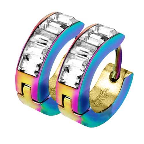 Mianova Damen Creolen Edelstahl mit Zirkonia Strass Steinen Klapp Viereck Ohrringe Huggie Kreolen Rund Glanz Breit Rainbow von Mianova