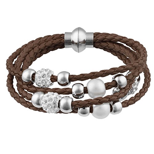 Mianova Damen Glück Armband Armreif geflochten mit Strass Kristall Steinen Shamballa und Perlen Kugeln Leder Leder Armband Armreif Braun von Mianova