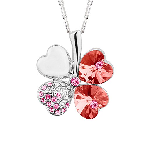 Damen Kette Halskette Kleeblatt Anhänger mit Kristall Strass Herz Design Glücksbringer Schmuck verstellbare Kette vergoldet Rot von Mianova