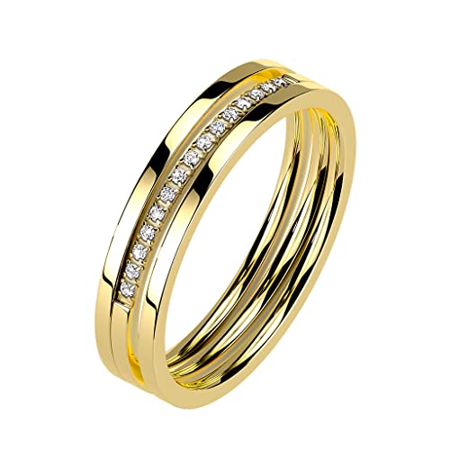 Mianova Damen Ring Edelstahl Dreireihig mit Kristallen Strass Glitzer Steinen Damenring Memoire Eternity Memory Mehrreihig Trauring Verlobungsring Fingerring Gold Größe 48 (15.3) von Mianova