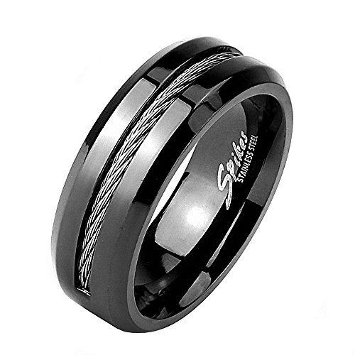 Mianova Herren Band Ring Edelstahl mit eingefassten Kabel Bandring Herrenring Partnerring Biker Rocker Schwarz Größe 59 (18.8) von Mianova