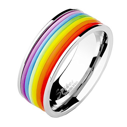 Mianova Herren Band Ring Edelstahl poliert mit Silikon Streifen Bandring Herrenring Partnerring Biker Silber Regenbogen Rainbow Größe 55 (17.5) von Mianova