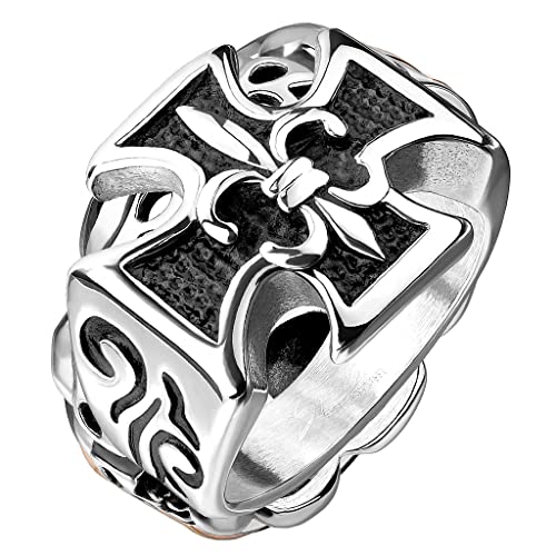 Mianova Herren Ring Edelstahl Massiv Breit Herrenring Männer Biker Rocker Schmuck Bikerschmuck Kreuz mit Fleur-de-Lys Silber Größe 68 (21.6) von Mianova