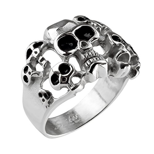 Mianova Herren Ring Edelstahl Massiv Breit Herrenring Männer Biker Rocker Schmuck Gothic mit 10 Totenköpfen Silber Größe 58 (18.5) von Mianova