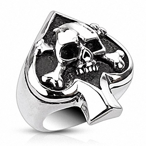 Mianova Herren Ring Edelstahl Massiv Breit Herrenring Männer Biker Rocker Schmuck Silber Poliert Totenkopf Pik Ass Größe 66 (21.0) von Mianova